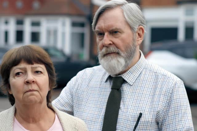 Tessa Peake Jones and James Fleet play Barbara and Derek, neighbours in Channel 5 drama The Feud (Picture: Channel 5)