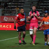 Morgan Gannon leaves the field after being concussed in Leeds Rhinos' play-off win at Catalans Dragons two years ago. Picture by Manuel Blondeau/SWpix.com.