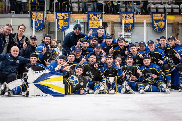 PARTY TIME: Leeds Knights' players and staff celebrate their NIHL National Cup success. Picture: Ben Gordon/Knights Media.