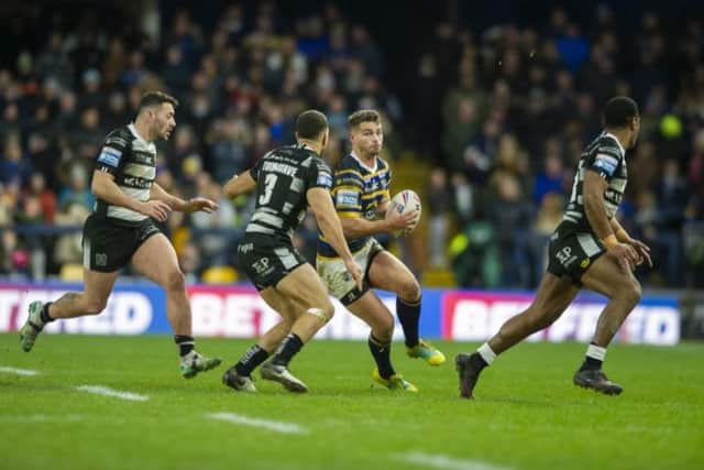 Stevie Ward in action for Rhinos against Hull FC early in the 2020 season. Picture by Tony Johnson.