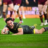 Brodie Croft celebrates scoring one of his four tries during Leeds Rhinos' 56-22 win at Huddersfield Giants. Picture by Olly Hassell/SWpix.com.