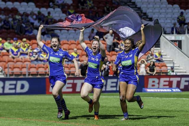 Izzy Northrop, Ella Donnelly and Sophie Robinson celebrate Leeds Rhinos' return to Wembley after Sunday's Betfred Women's Challenge Cup semi-final win against Wigan Warriors. Picture by Allan McKenzie/SWpix.com.