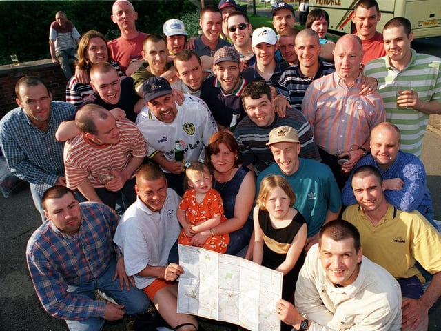 Regulars at the Grey Goose in Belle Isle launched a fundraising drive in May 1998 in aid of Leukaemia sufferer Jamie West (pictured centre with beige cap) with his wife Michelle and their children  Toni 2 and Vicky 9. The regulars planned to walk  the Three Peaks walk to raise money.