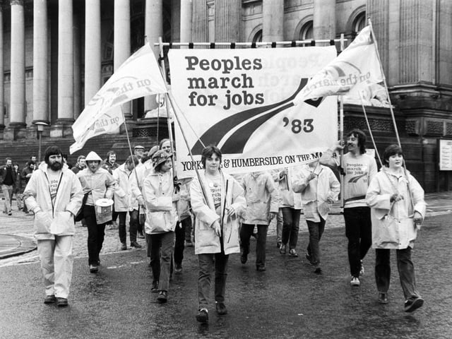 Peoples March for Jobs staged an unemployment protest through Leeds city centre in May 1983.