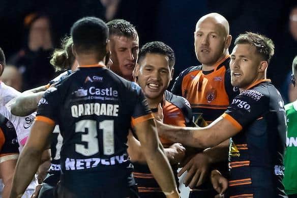 Castleford's Bureta Faraimo celebrates after scoring the opening try against Leeds. Picture by Allan McKenzie/SWpix.com.