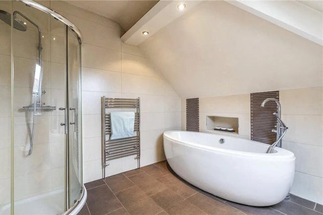 The bathroom has a luxurious free-standing bath tub and a shower.