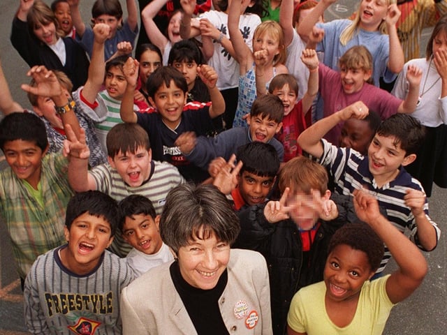 Pupils from closure-threatened Royal Park School celebrate with their head teacher Rita Samuel in September 1997 after hearing the school had been saved.