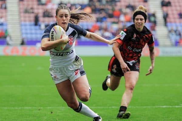 Rhinos' Fran Goldthorp runs in for a try for England against Canada. Picture by Alex Whitehead/SWpix.com.