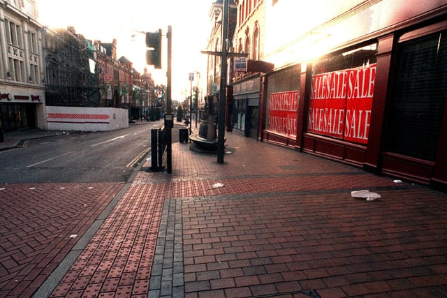 The day after the year before. A deserted Briggate on New Year's Day 1998 as shoppers get over their celebrations.