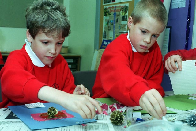Roundhay St Johns C of E Primary School Year 5 poupils James Skinner and Mark Thompson are pictured making calendars in November 1998.