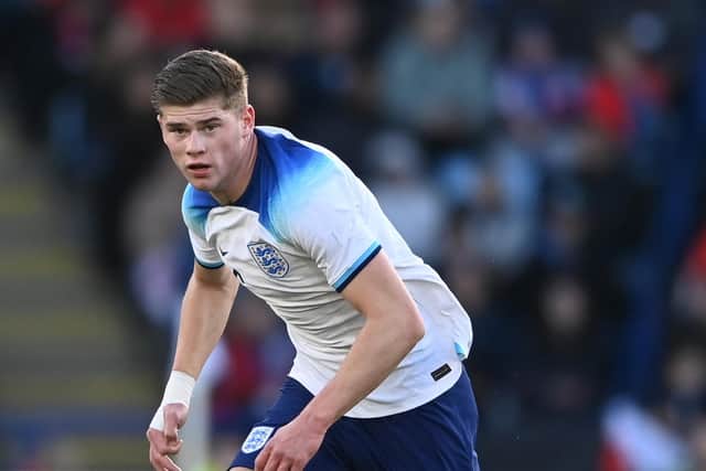 LEICESTER, ENGLAND - MARCH 25: Charlie Cresswell of England during the International Friendly between England U21 and France U21 at The King Power Stadium on March 25, 2023 in Leicester, England. (Photo by Gareth Copley/Getty Images)