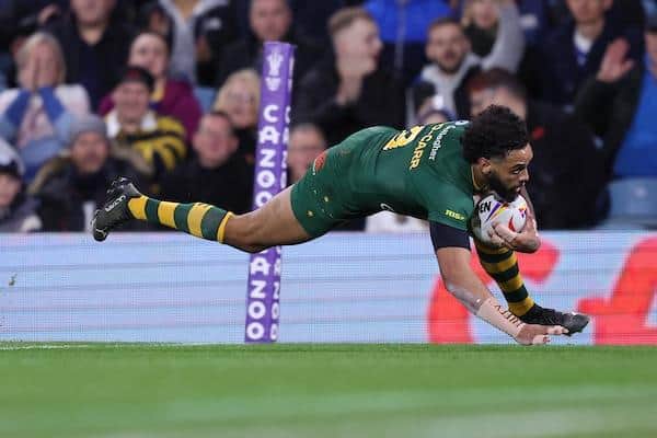 Josh Addo-Carr scores one of the tries of the tournament for Australia in their semi-final win over New Zealand. Picture by John Clifton/SWpix.com.
