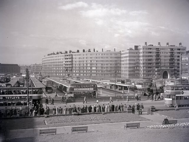 Quarry Hill flats and Leeds bus station pictured in April 1954.