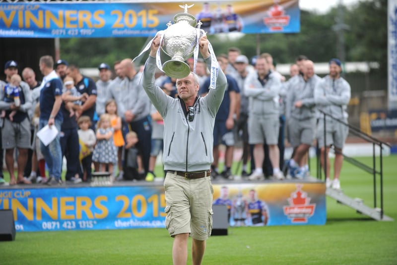 Rhinos coach Brian McDermott with the trophy at Headingley the day after Rhinos' record win.