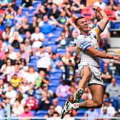 Leeds Rhinos captain Ash Handley celebrates scoring one of his hat-trick of tries in the Magic Weekend win against Bradford Bulls. Picture by Olly Hassell/SWpix.com.