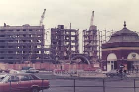 A view of the demolition of Quarry Hill Flats from Eastgate roundabout.