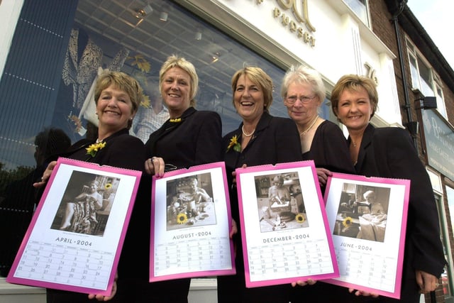 Four of the original Calendar Girls attended a charity event in aid of leukaemia research at Rag Doll of Pudsey in October 2003. Pictured with the Calendar Girls - Ros Fawcett, Tricia Stewart,  Angela Baker and  Beryl Bamforth -.  is shop owner Maxine Thornton, right.