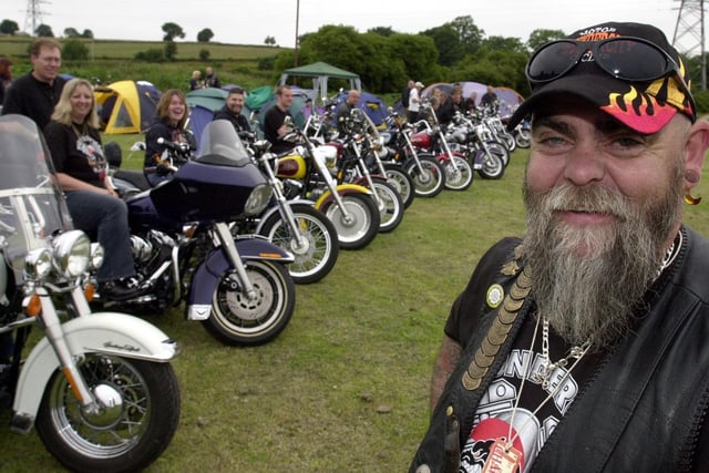 Farsley hosted the Thunder in the City rally  in July 2003.  Pictured is chairman of the Thundercity Harley Riders Club, Paul Moody with riders on their Harley Davidsons waiting to set off delivering goods to Martin House in Boston Spa.