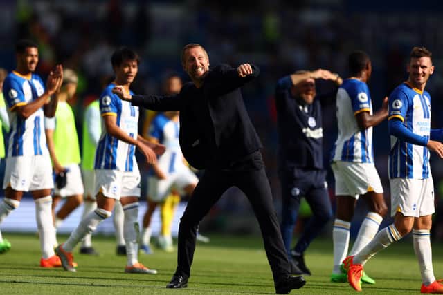 BRIGHTON, ENGLAND - AUGUST 27: Graham Potter, Manager of Brighton & Hove Albion celebrates following the Premier League match between Brighton & Hove Albion and Leeds United at American Express Community Stadium on August 27, 2022 in Brighton, England. (Photo by Bryn Lennon/Getty Images)