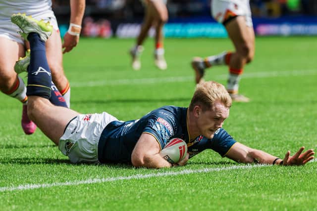James McDonnell scores for Leeds Rhinos against Bradford Bulls. Picture by Alex Whitehead/SWpix.com.
