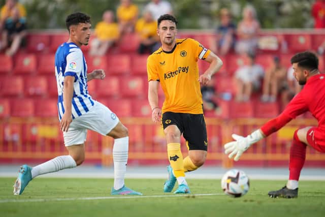 BULLISH UPDATE: From Wolves defender Max Kilman. centre, pictured scoring his side's fourth goal during the pre-season victory against Deportivo Alaves in Benidorm, 
Spain. Photo by Aitor Alcalde/Getty Images.