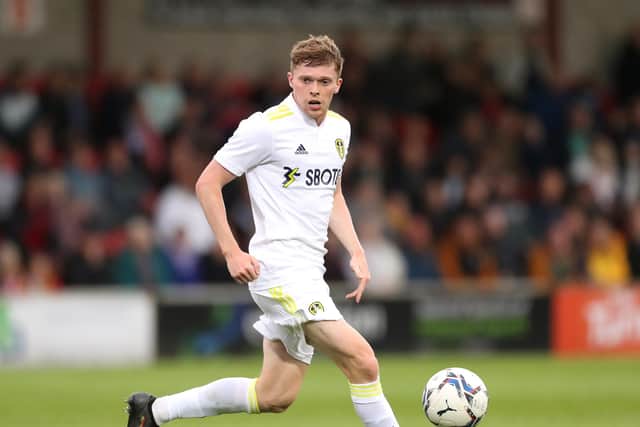 FLEETWOOD, ENGLAND - JULY 30: Jack Jenkins of Leeds United runs with the ball during the Pre-Season Friendly match between Fleetwood Town and Leeds United at Highbury Stadium on July 30, 2021 in Fleetwood, England. (Photo by Lewis Storey/Getty Images)