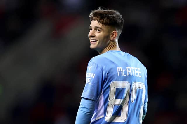 ROTHERHAM, ENGLAND - OCTOBER 26: James McAtee of Manchester City U21 reacts during the Papa John's EFL Trophy Group match between Rotherham United and Manchester City U21 at AESSEAL New York Stadium on October 26, 2021 in Rotherham, England. (Photo by George Wood/Getty Images)