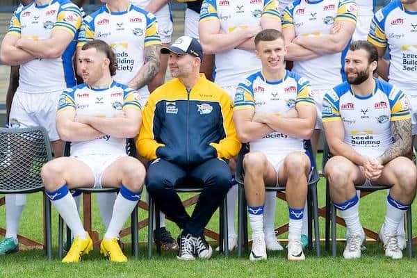 Rohan Smith flanked by Cameron Smith, left, Ash Handley and Andy Ackers at Leeds Rhinos' pre-season photocall this year. Picture by Allan McKenzie/SWpix.com.