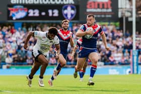 Wakefield Trinity's Max Jowitt breaks away to score the second of his two tries in the 22-18 loss to Leeds Rhinos at AMT Headingley. Picture by Alex Whitehead/SWpix.com.