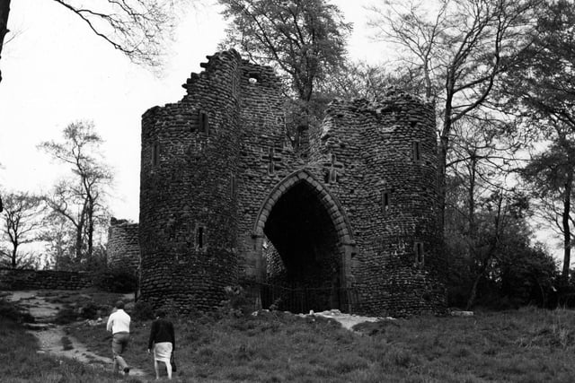 This image shows the ruins of the castle folly at Roundhay Park in June 1967. It was designed by George Nettleton and built to ornament the grounds of the 372 acre park owned at the time by Thomas Nicholson.
