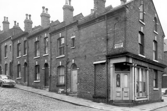 South Mount Street at the junction with Ashley Place in July 1964. This street was photographed prior to demolition in accordance with the Housing Act of 1957. The shop on the corner at number 25 Ashley Place is A Spaven's but looks as if it has been vacated.