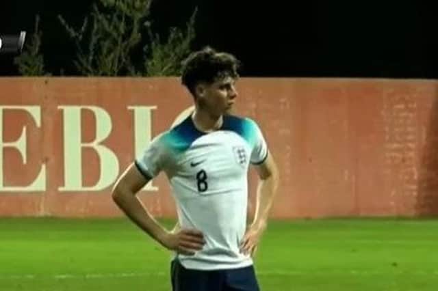 Archie Gray lines up a free-kick during England's 0-0 draw with Montenegro in U19 Euro qualifying (Pic: MNE sport TV)
