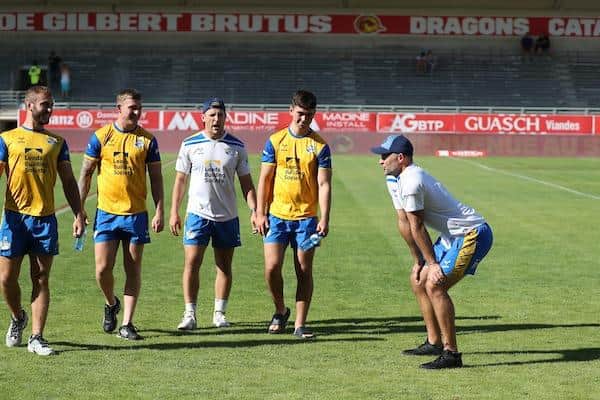 Rohan Smith speaks to his players before their win at Catalans in July. Picture by Manuel Blondeau/SWpix.com.