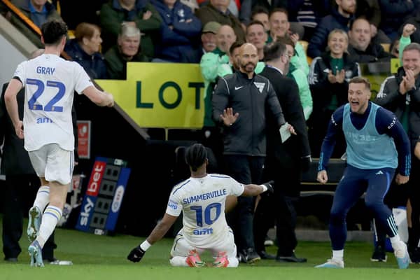 THRILLING WIN - Crysencio Summerville scored twice in the second half as Leeds United came back from 2-0 down at Norwich City to win 3-2 on Daniel Farke's Carrow Road return. Pic: PA