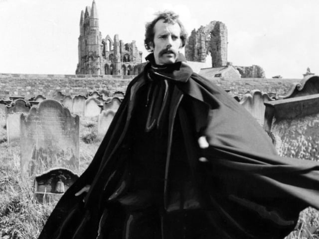 Geoffrey Beresford poses as Count Dracula in Whitby churchyard in May 1977.