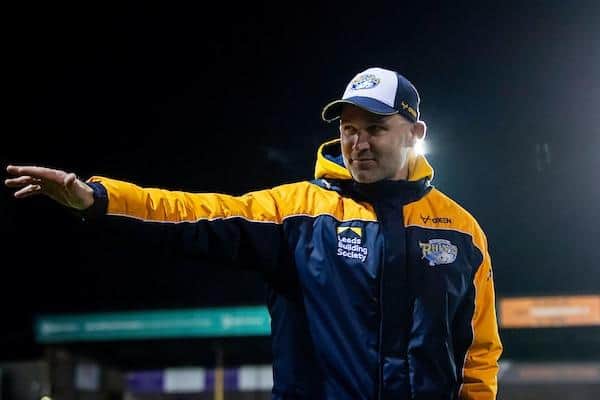 Coach Rohan Smith thanks Leeds Rhinos' fans after Thursday's 26-6 win at Castleford Tigers. Picture by Allan McKenzie/SWpix.com.