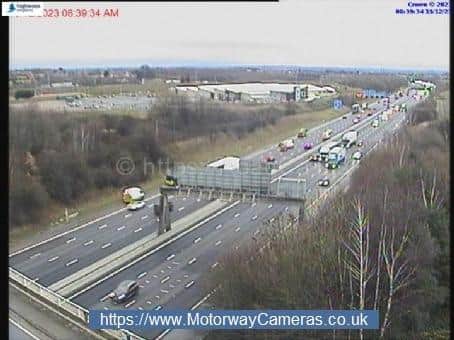 Emergency services are still on the scene of the crash, on the westbound carriageway of the motorway at junction 30, which happened shortly after 1am this morning. Photo: motorwaycameras.co.uk.