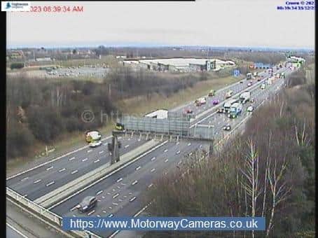 Emergency services are still on the scene of the crash, on the westbound carriageway of the motorway at junction 30, which happened shortly after 1am this morning. Photo: motorwaycameras.co.uk.
