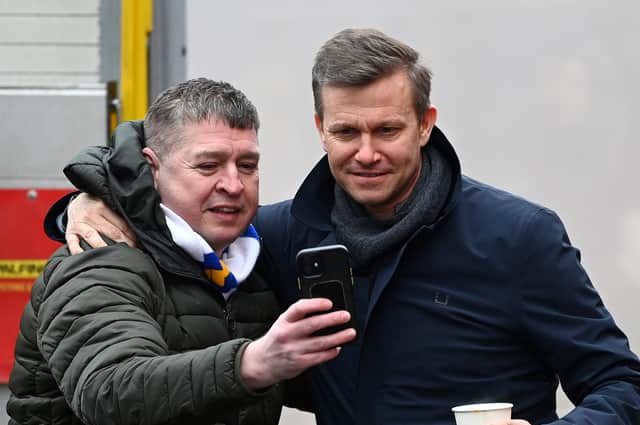 ACCRINGTON, ENGLAND - JANUARY 28: Jesse Marsch, Manager of Leeds United, poses for a photo with a fan prior to the Emirates FA Cup Fourth Round match between Accrington Stanley and Leeds United at Wham Stadium on January 28, 2023 in Accrington, England. (Photo by Gareth Copley/Getty Images)