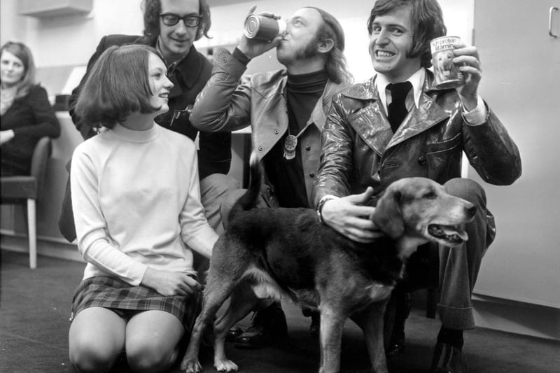 Singing group The Scaffold visiting BBC Radio Leeds to judge a singing dogs competition in February 1969. Hailing from Liverpool they were poet Roger McGough, humourist John Gorman and musician Mike McGear (Paul McCartney's brother).