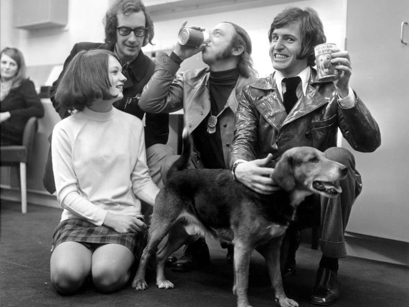 Singing group The Scaffold visiting BBC Radio Leeds to judge a singing dogs competition in February 1969. Hailing from Liverpool they were poet Roger McGough, humourist John Gorman and musician Mike McGear (Paul McCartney's brother).