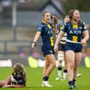 Mel Howard, second from right, makes a point during Leeds Rhinos' defeat to York Valkyrie in the Betfred Women's Super League semi-final. Picture by Callum Pilkington/SWpix.com.
