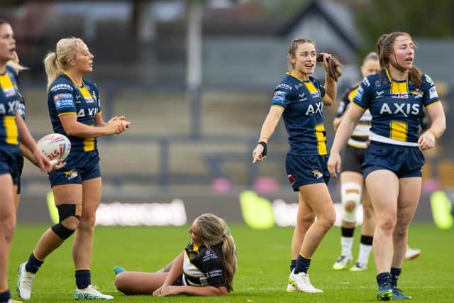 Mel Howard, second from right, makes a point during Leeds Rhinos' defeat to York Valkyrie in the Betfred Women's Super League semi-final. Picture by Callum Pilkington/SWpix.com.