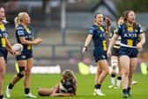 Mel Howard, second from right, makes a point during Leeds Rhinos' defeat to York Valkyrie in the Betfred Women's Super League semi-final. Picture by Callum Pilkington/SWpix.com.