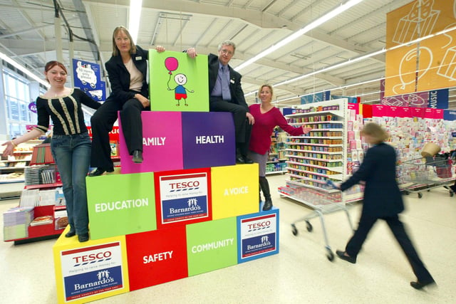 Tesco's in Seacroft saw the Yorkshire regional launch of their staff nominated charity Barnardos. Pictured taking part in the launch is Jacqui Holdsworth, Barnardos Project Leader, Nicola Watkinson, Tescos, Peter Allinson, Director of Barnardos in Yorkshire and Amanda Stuart also from Barnardos project, in 2003.