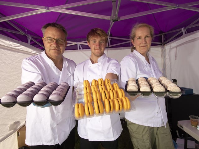 There was plenty of treats on offer, including Luxe Macarons. Pictured from the left are Fred Fearne with his Wife Sue and son Harry.