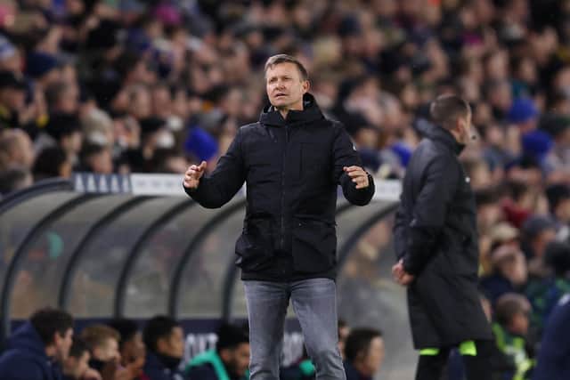 LEEDS, ENGLAND - JANUARY 04: Jesse Marsch, Manager of Leeds United reacts during the Premier League match between Leeds United and West Ham United at Elland Road on January 04, 2023 in Leeds, England. (Photo by George Wood/Getty Images)