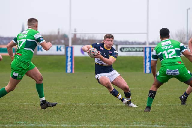 Tom Nicholson-Watton on the attack for Rhinos during their Harry Jepson Memorial Trophy tie at Hunslet in February. Picture by Craig Hawkhead/Leeds Rhinos.