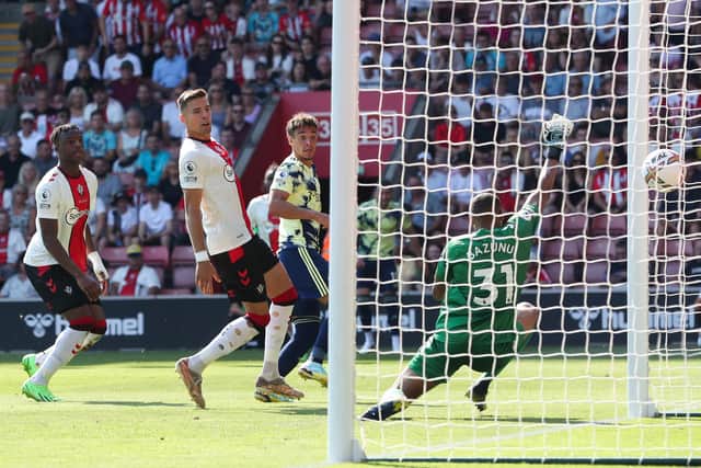 FLYING START: Leeds United forward Rodrigo, centre, puts the Whites 1-0 up at Southampton en route to a brace.
Photo by Henry Browne/Getty Images.