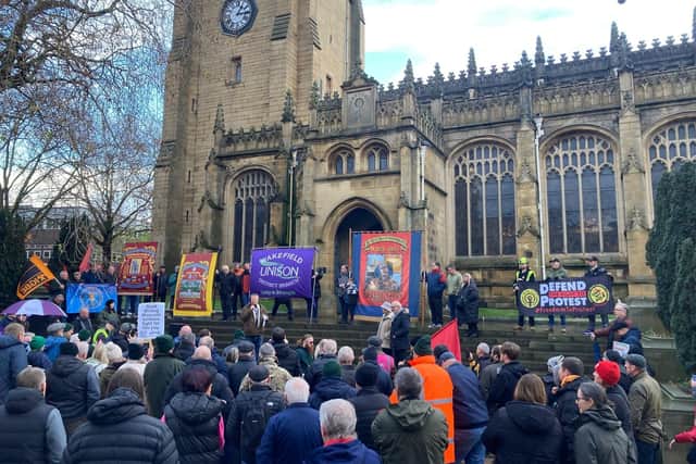 A demonstration in support of the strike at the National Coal Mining Museum was held outside Wakefield Cathedral on Saturday December 6.